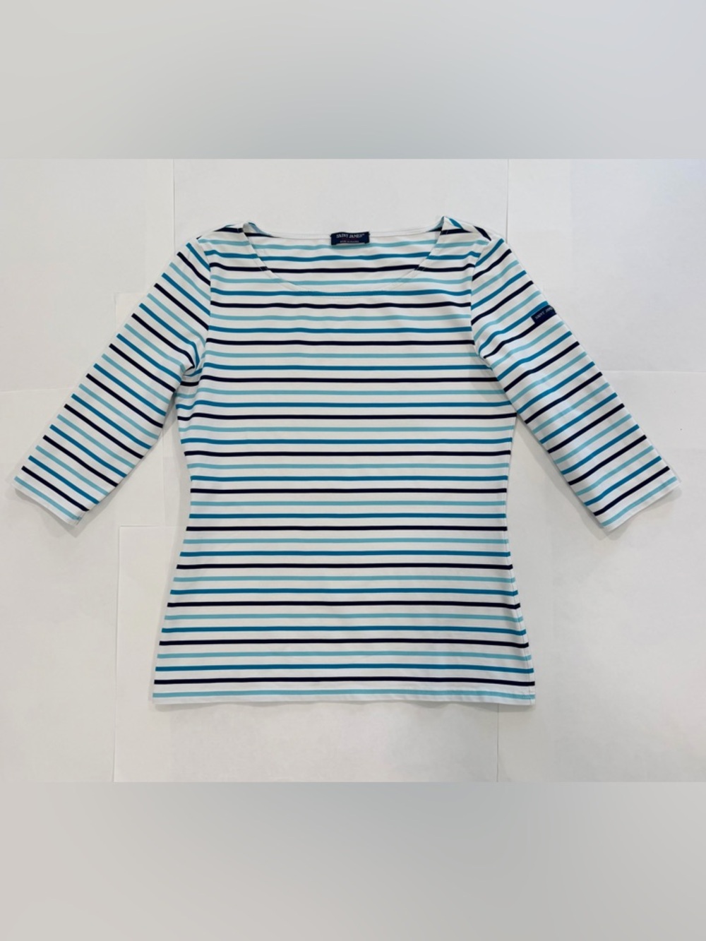 SAINT JAMES Breton Stretch White Blue Stripe 3/4 Sleeves UV Nautical Top (Sz 10) - Picture 3 of 12